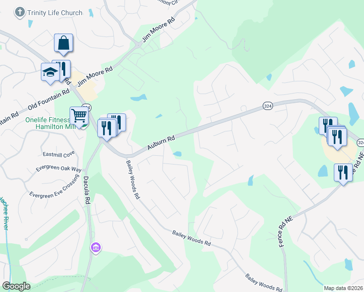 map of restaurants, bars, coffee shops, grocery stores, and more near 1041 Georgia 324 in Dacula