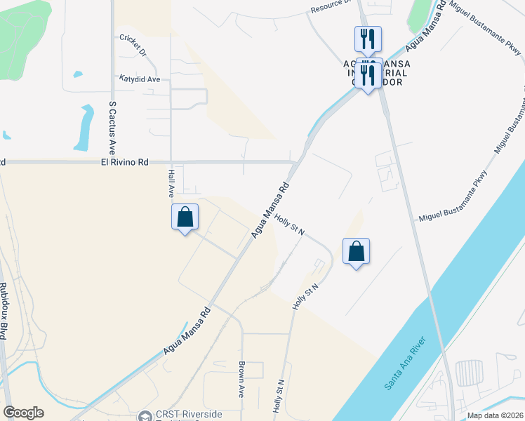 map of restaurants, bars, coffee shops, grocery stores, and more near 19716 Agua Mansa Road in Riverside