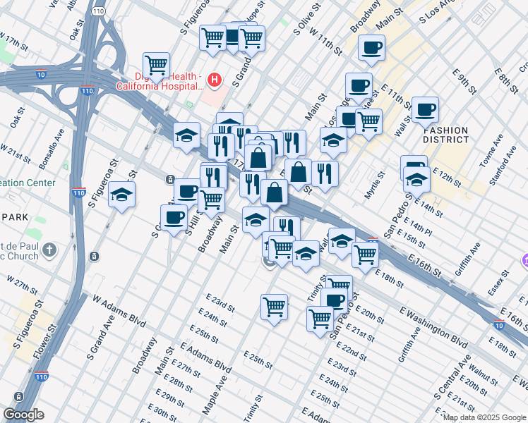 map of restaurants, bars, coffee shops, grocery stores, and more near 121 East 18th Street in Los Angeles