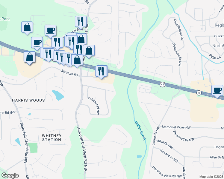 map of restaurants, bars, coffee shops, grocery stores, and more near 3149 Cobb Parkway Northwest in Kennesaw