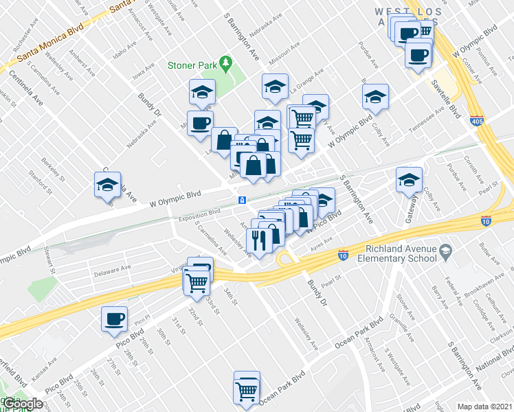 map of restaurants, bars, coffee shops, grocery stores, and more near 11938 Exposition Boulevard in Los Angeles