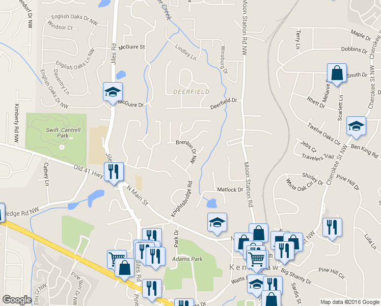 map of restaurants, bars, coffee shops, grocery stores, and more near 1095 Brenton Drive Northwest in Kennesaw
