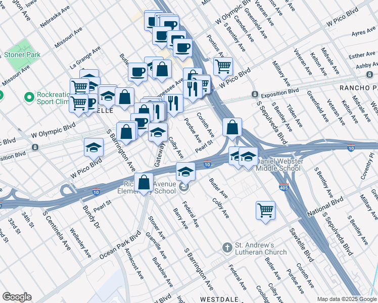 map of restaurants, bars, coffee shops, grocery stores, and more near 2472 Butler Avenue in Los Angeles