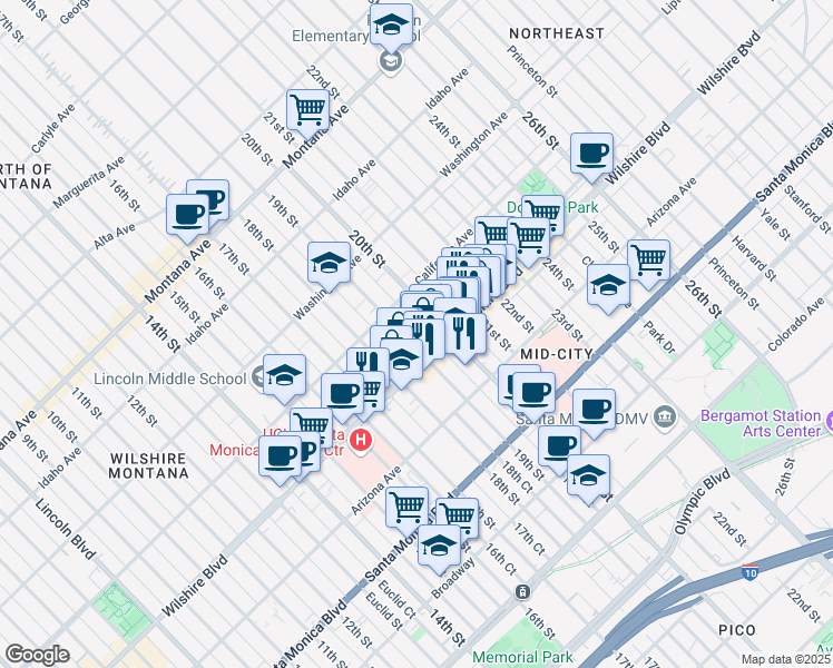 map of restaurants, bars, coffee shops, grocery stores, and more near in Santa Monica