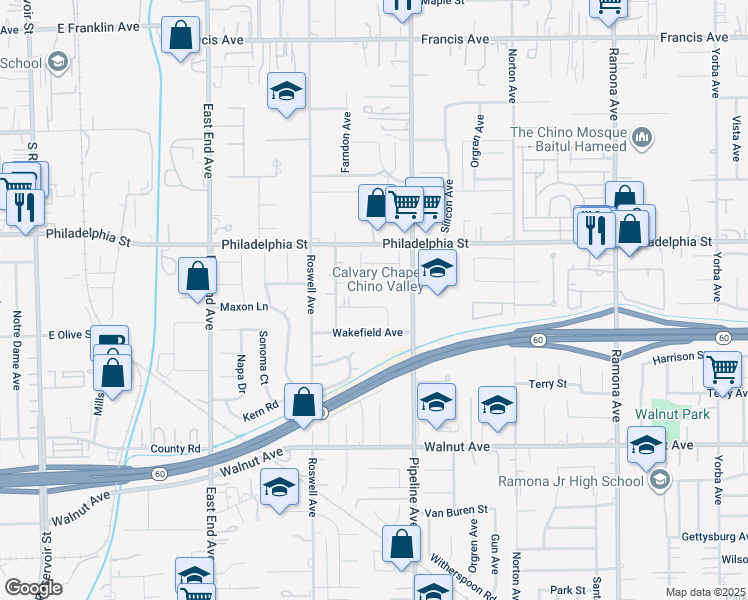 map of restaurants, bars, coffee shops, grocery stores, and more near 4024 Olive Street in Chino