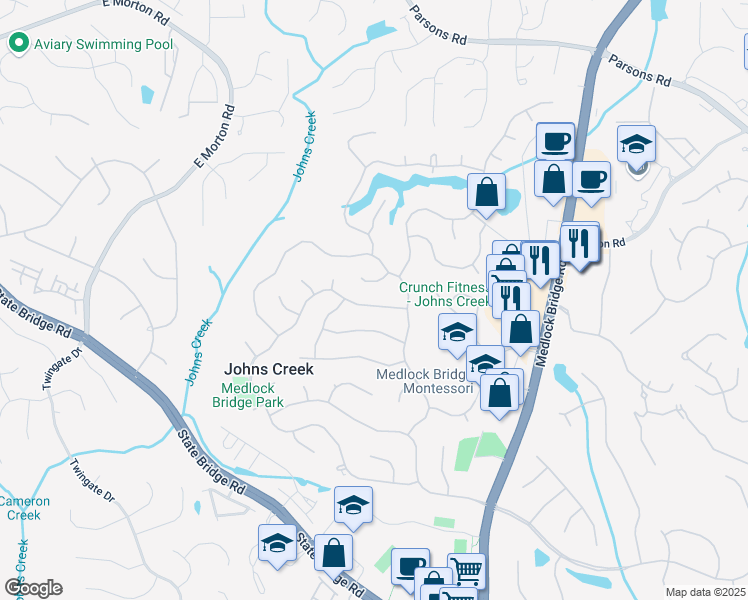 map of restaurants, bars, coffee shops, grocery stores, and more near 10400 Groomsbridge Road in Alpharetta