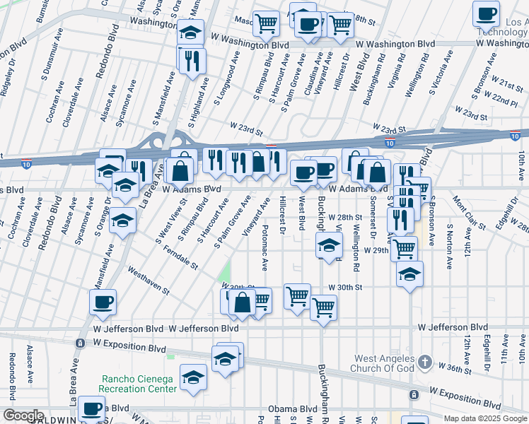 map of restaurants, bars, coffee shops, grocery stores, and more near 2640 Vineyard Avenue in Los Angeles