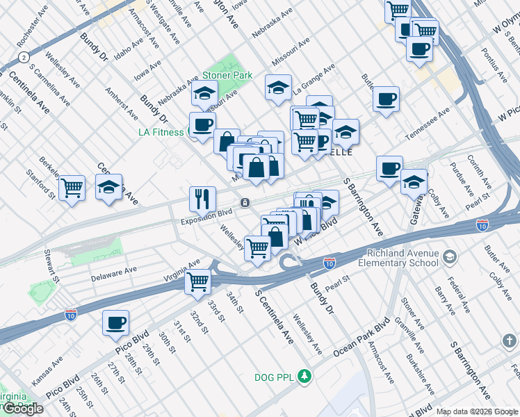 map of restaurants, bars, coffee shops, grocery stores, and more near 11938 Exposition Boulevard in Los Angeles