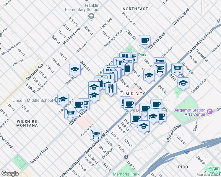 map of restaurants, bars, coffee shops, grocery stores, and more near 2008 Wilshire Boulevard in Santa Monica