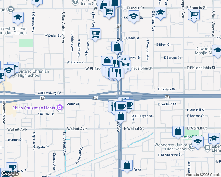 map of restaurants, bars, coffee shops, grocery stores, and more near 2250 South Euclid Avenue in Ontario