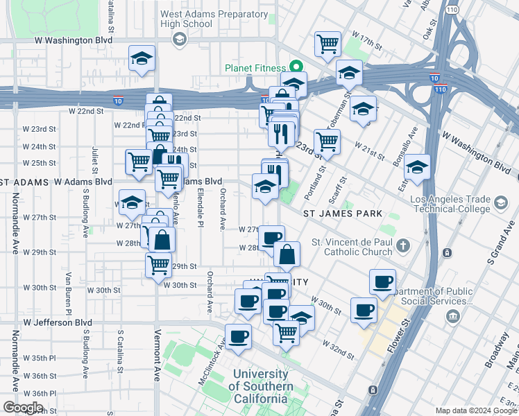 map of restaurants, bars, coffee shops, grocery stores, and more near 1158 West Adams Boulevard in Los Angeles