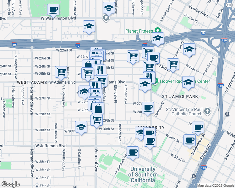 map of restaurants, bars, coffee shops, grocery stores, and more near 2620 Ellendale Place in Los Angeles