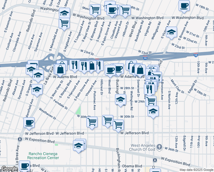 map of restaurants, bars, coffee shops, grocery stores, and more near in Los Angeles