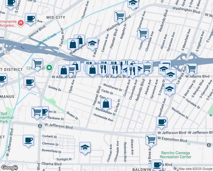 map of restaurants, bars, coffee shops, grocery stores, and more near 5476 West Adams Boulevard in Los Angeles