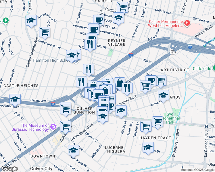 map of restaurants, bars, coffee shops, grocery stores, and more near 3127 Vera Avenue in Los Angeles