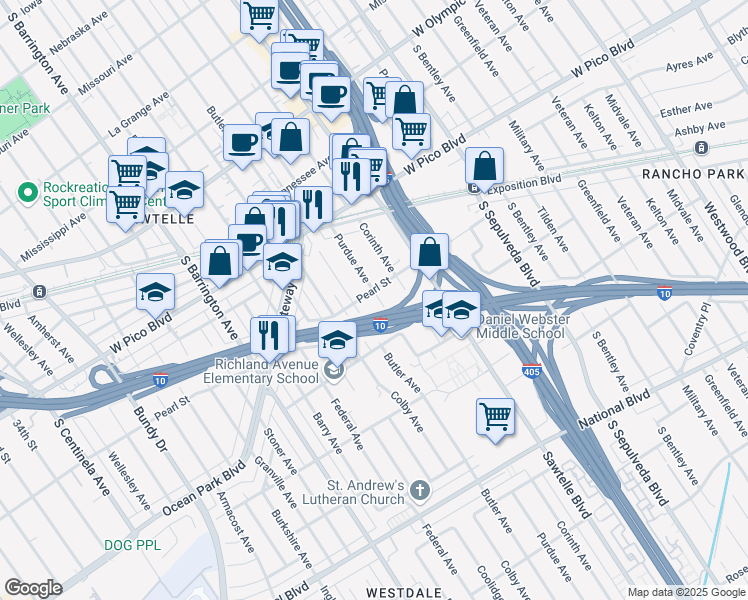 map of restaurants, bars, coffee shops, grocery stores, and more near 2498 Purdue Avenue in Los Angeles