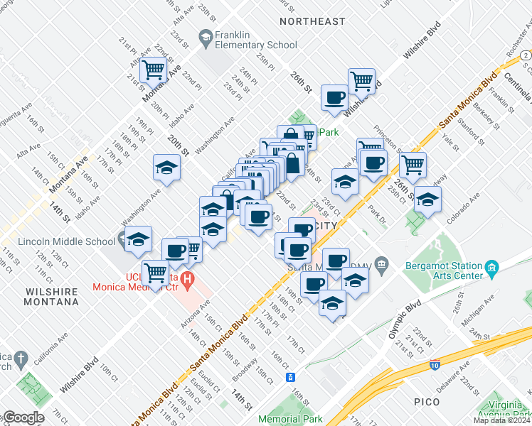 map of restaurants, bars, coffee shops, grocery stores, and more near in Santa Monica