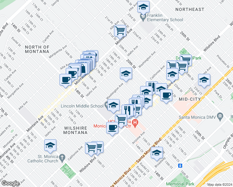 map of restaurants, bars, coffee shops, grocery stores, and more near in Santa Monica