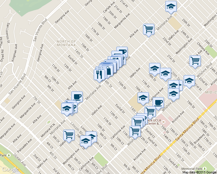 map of restaurants, bars, coffee shops, grocery stores, and more near 828 15th Street in Santa Monica