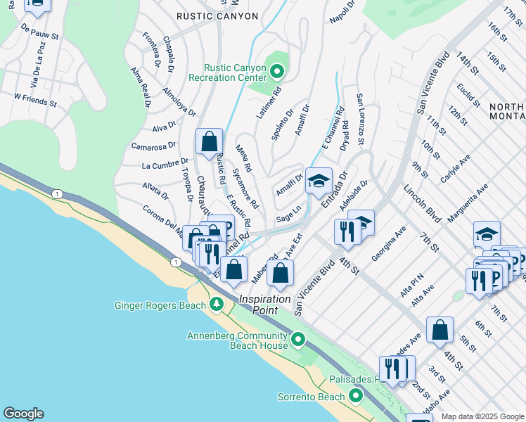 map of restaurants, bars, coffee shops, grocery stores, and more near 295 Amalfi Drive in Santa Monica