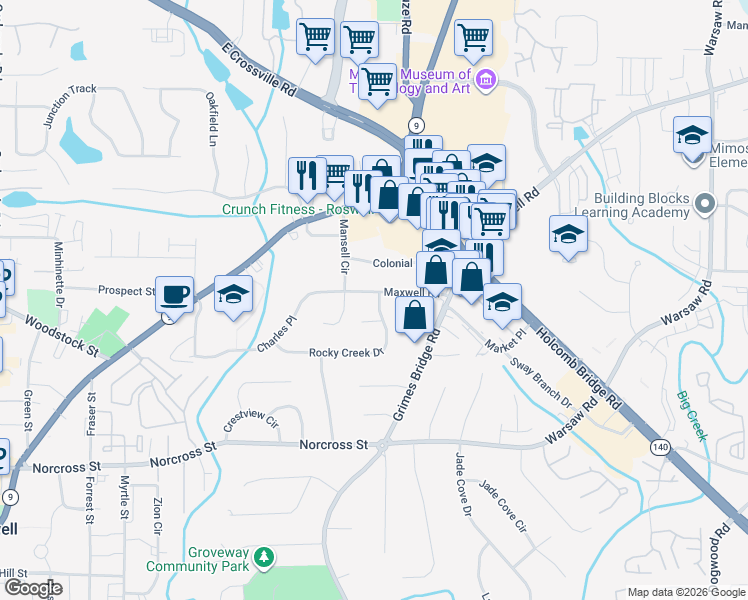 map of restaurants, bars, coffee shops, grocery stores, and more near 484 Maxwell Road in Roswell