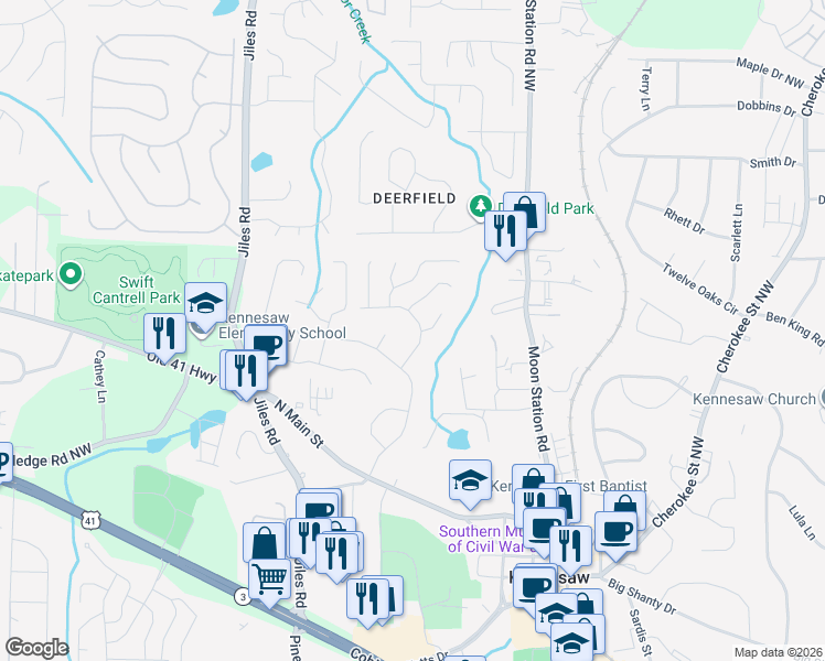 map of restaurants, bars, coffee shops, grocery stores, and more near 1095 Brenton Drive Northwest in Kennesaw