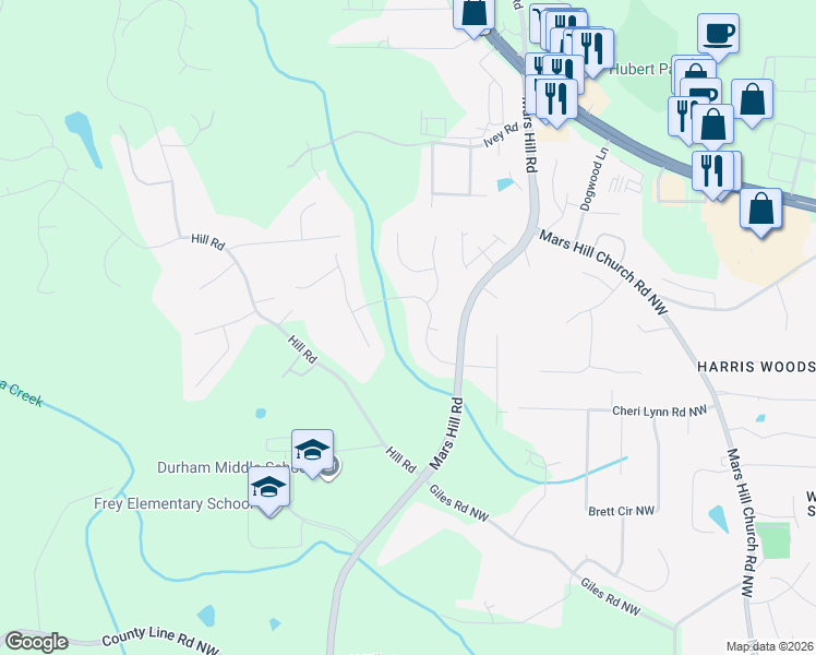 map of restaurants, bars, coffee shops, grocery stores, and more near 4975 Aviary Drive in Acworth