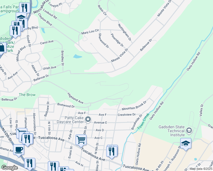 map of restaurants, bars, coffee shops, grocery stores, and more near 259 Overlook Drive in Gadsden