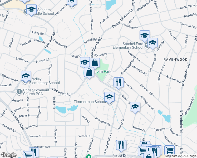 map of restaurants, bars, coffee shops, grocery stores, and more near 4221 Bethel Church Road in Columbia