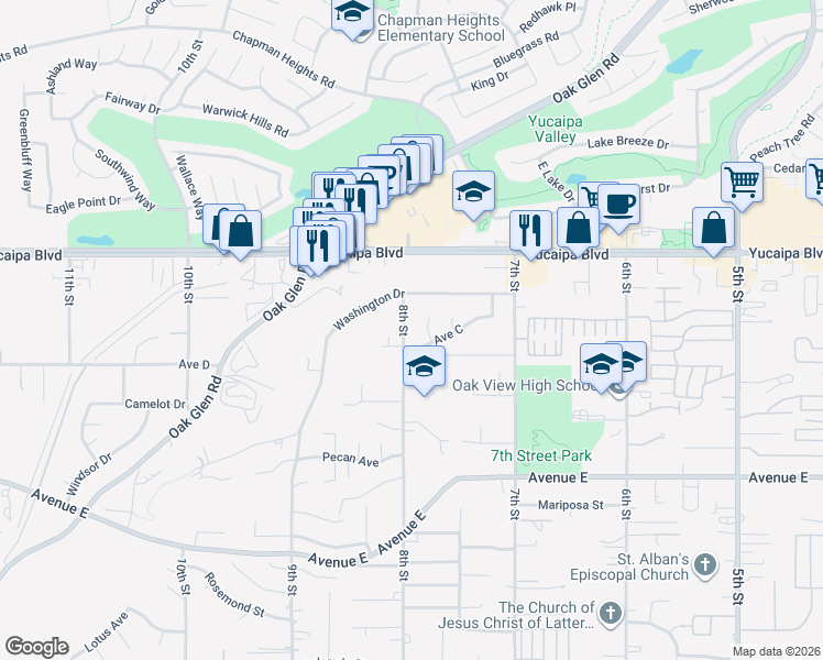 map of restaurants, bars, coffee shops, grocery stores, and more near 12237 8th Street in Yucaipa