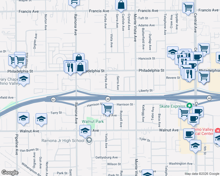 map of restaurants, bars, coffee shops, grocery stores, and more near 12160 Vista Court in Chino