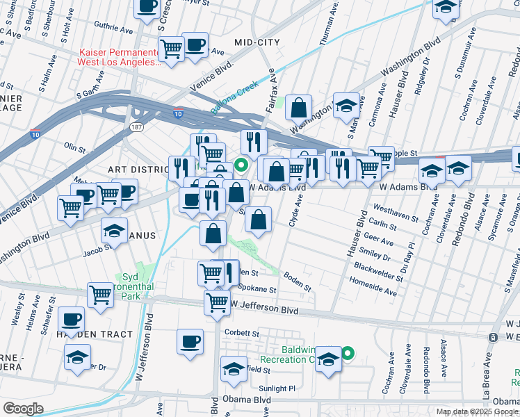 map of restaurants, bars, coffee shops, grocery stores, and more near 2613 South Spaulding Avenue in Los Angeles