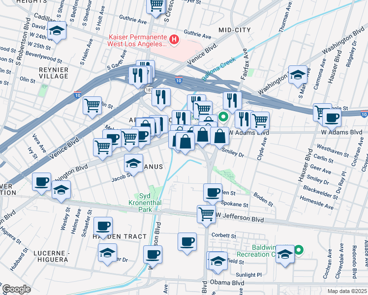 map of restaurants, bars, coffee shops, grocery stores, and more near 5905 Smiley Drive in Culver City