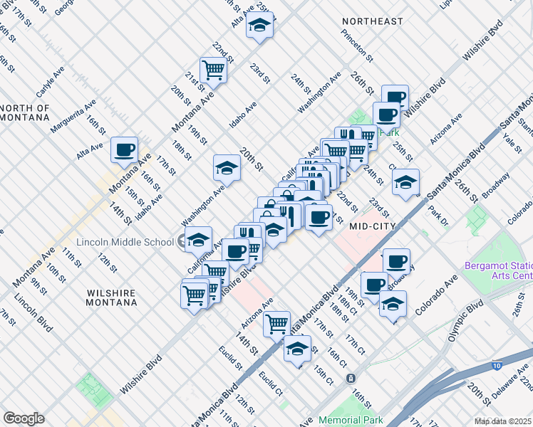 map of restaurants, bars, coffee shops, grocery stores, and more near 1118 19th Street in Santa Monica