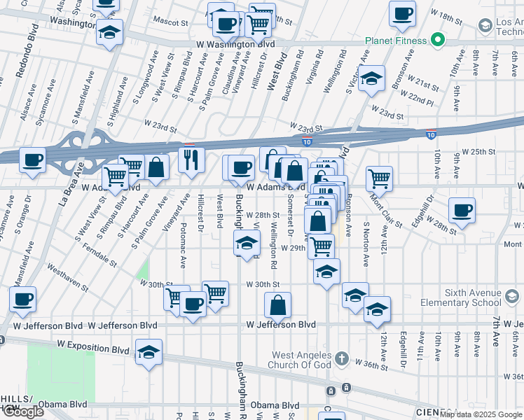 map of restaurants, bars, coffee shops, grocery stores, and more near 2636 Virginia Road in Los Angeles