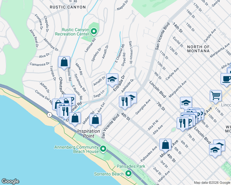 map of restaurants, bars, coffee shops, grocery stores, and more near 426 Entrada Drive in Santa Monica