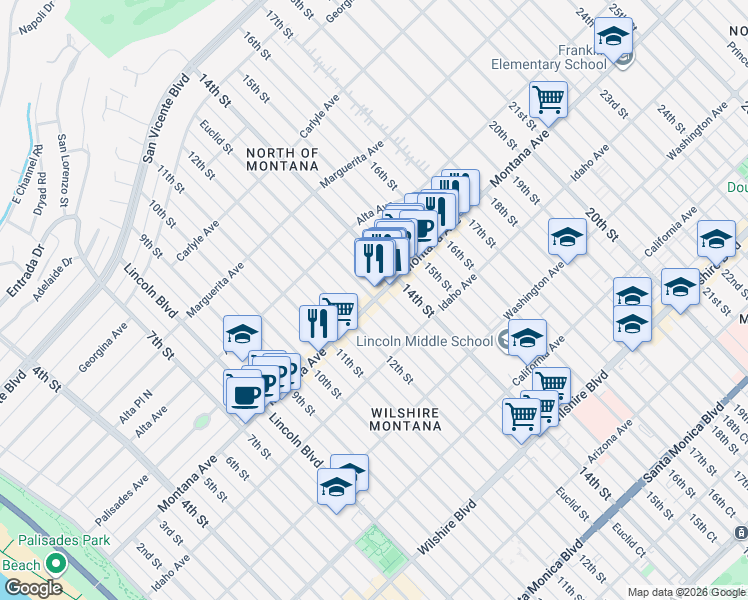 map of restaurants, bars, coffee shops, grocery stores, and more near Montana Avenue & Euclid Street in Santa Monica