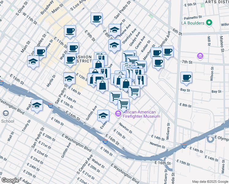 map of restaurants, bars, coffee shops, grocery stores, and more near 950 East 11th Street in Los Angeles