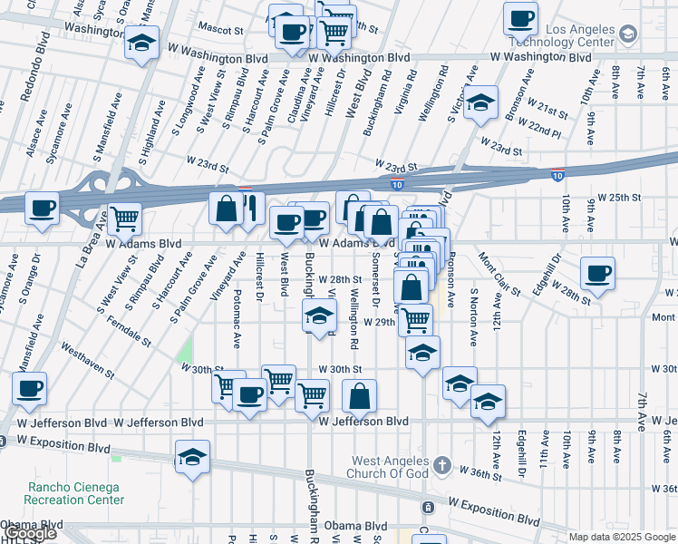map of restaurants, bars, coffee shops, grocery stores, and more near 2636 Virginia Road in Los Angeles