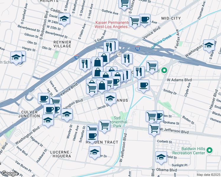 map of restaurants, bars, coffee shops, grocery stores, and more near 3212 La Cienega Avenue in Los Angeles