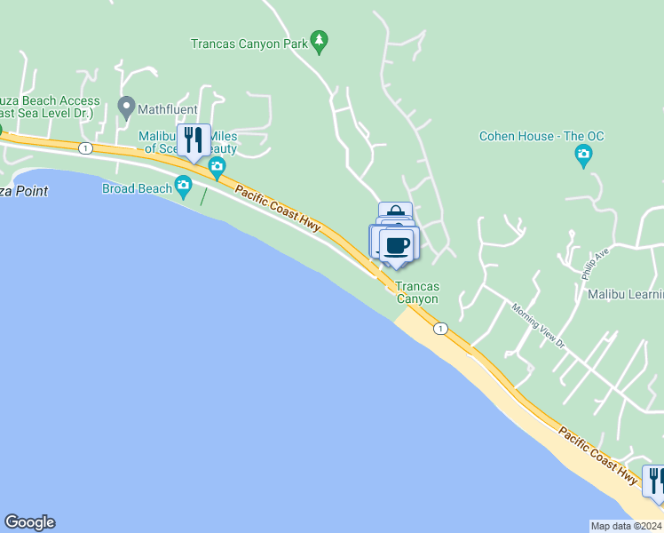 map of restaurants, bars, coffee shops, grocery stores, and more near Broad Beach Road in Malibu