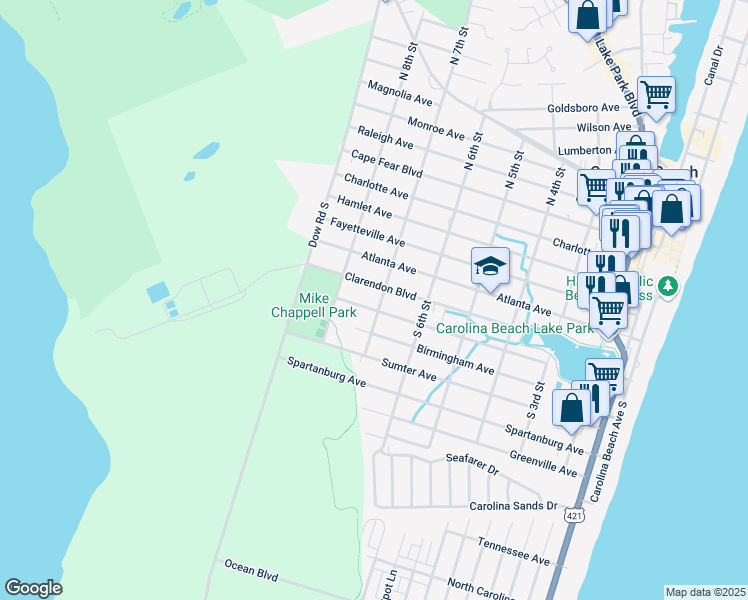 map of restaurants, bars, coffee shops, grocery stores, and more near 526 South 7th Street in Carolina Beach