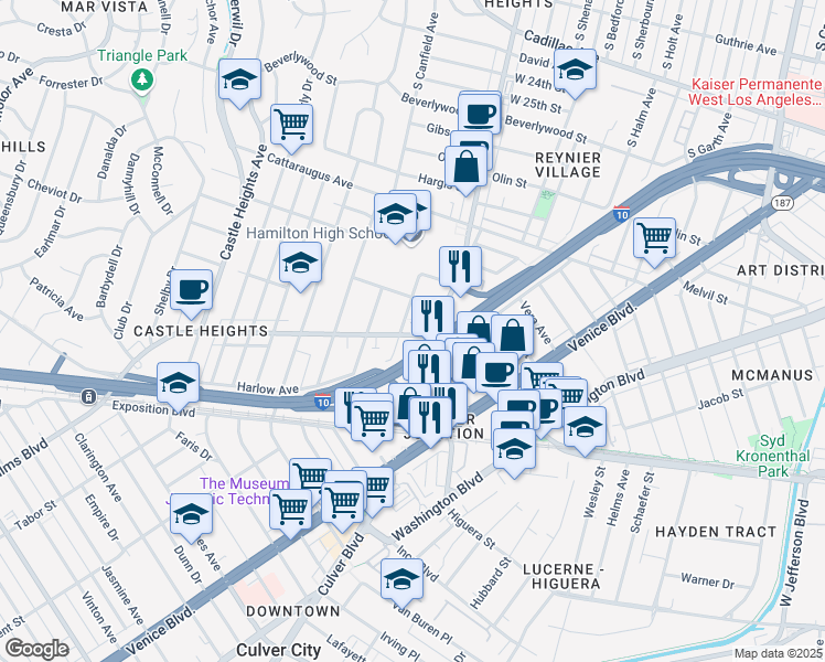 map of restaurants, bars, coffee shops, grocery stores, and more near 3119 Livonia Avenue in Los Angeles