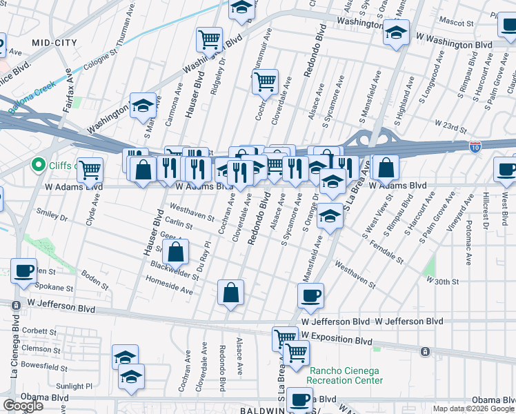 map of restaurants, bars, coffee shops, grocery stores, and more near 2618 South Cloverdale Avenue in Los Angeles