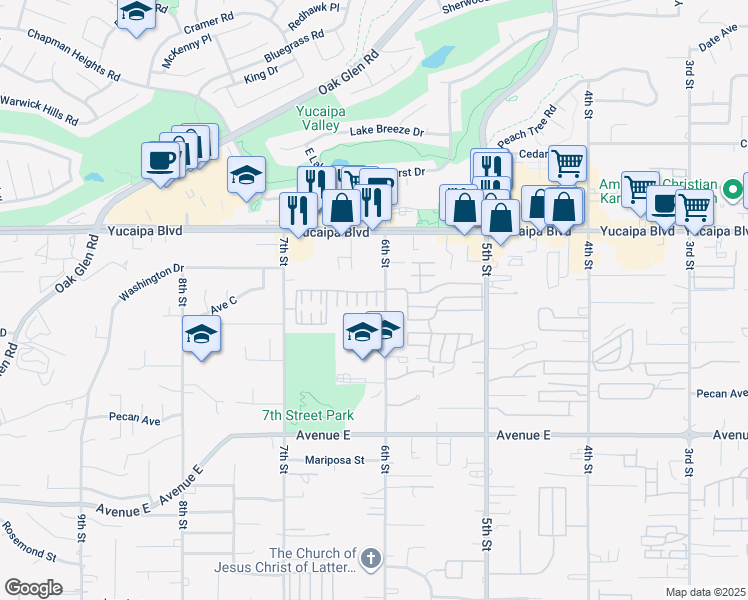 map of restaurants, bars, coffee shops, grocery stores, and more near 34083 Lily Road in Yucaipa