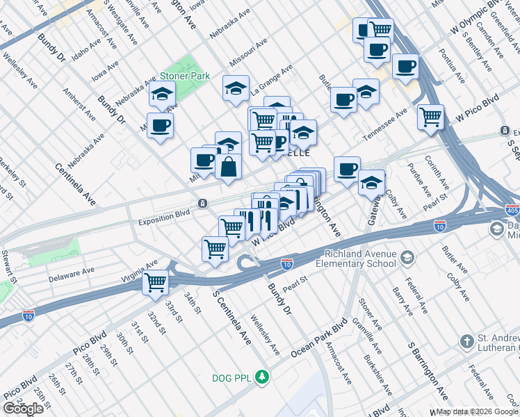 map of restaurants, bars, coffee shops, grocery stores, and more near 11825 Tennessee Avenue in Los Angeles