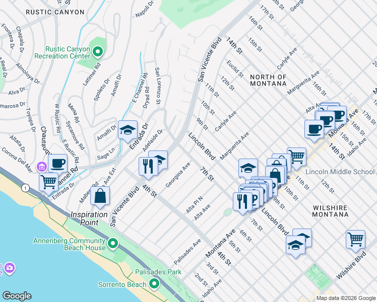 map of restaurants, bars, coffee shops, grocery stores, and more near 702 Adelaide Place in Santa Monica