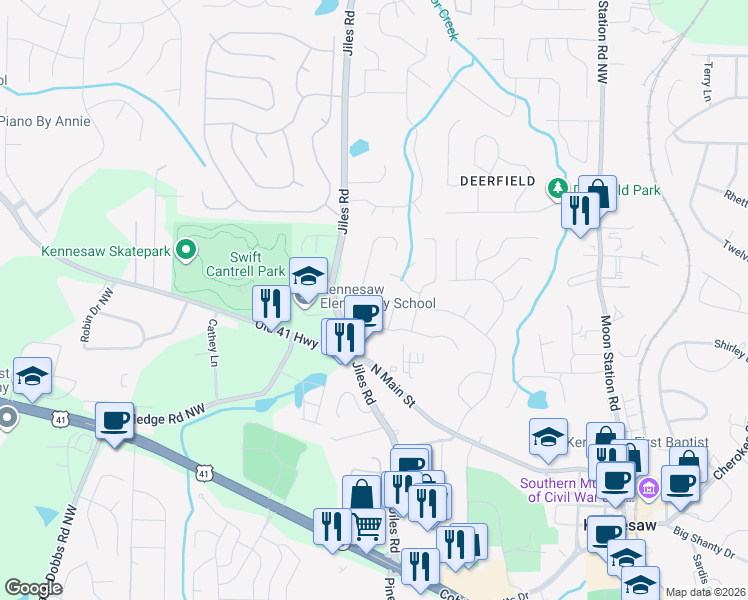 map of restaurants, bars, coffee shops, grocery stores, and more near 2353 Mountain Springs Place in Kennesaw