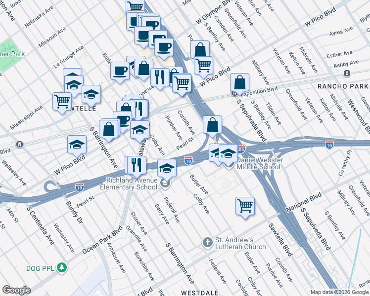 map of restaurants, bars, coffee shops, grocery stores, and more near 2498 Purdue Avenue in Los Angeles
