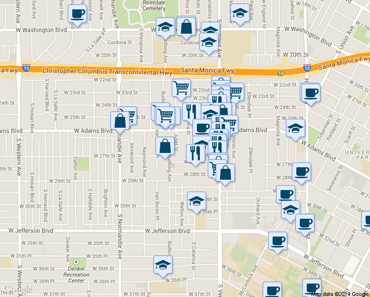 map of restaurants, bars, coffee shops, grocery stores, and more near 2641 South Catalina Street in Los Angeles